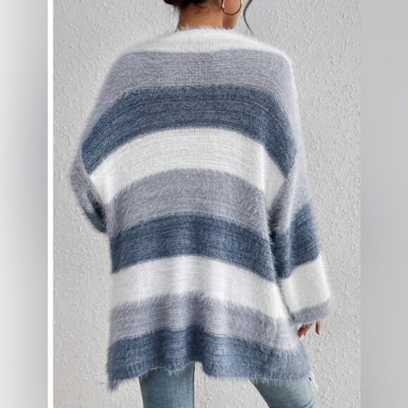 Blue Drop Shoulder Open Front Fluffy Knit Cardigan - Picture 4 of 8